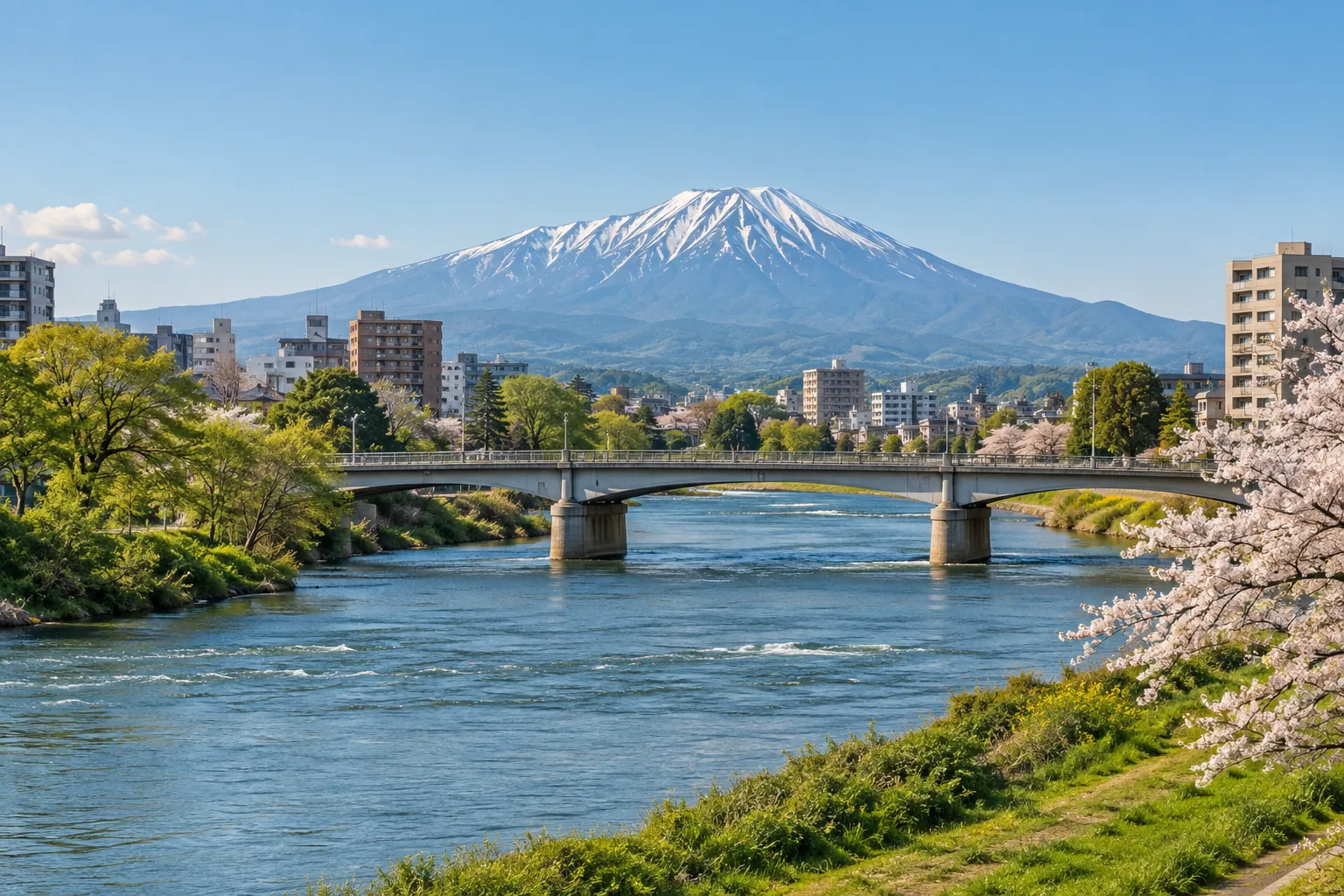 盛岡市の北上川と岩手山をイメージした生成画像
