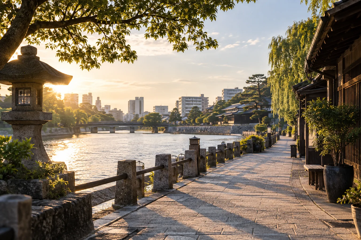 名古屋市熱田区の宮の渡しの歴史に着想を得た架空の水辺の生成画像