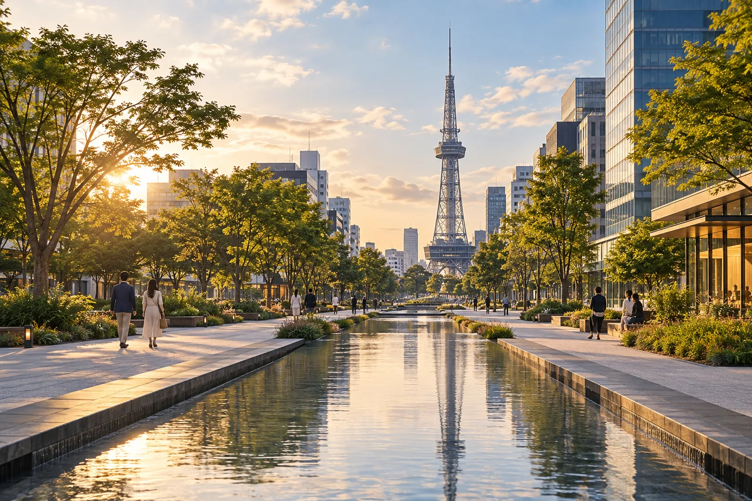 名古屋市の久屋大通公園と塔のある街並みを思わせる生成画像