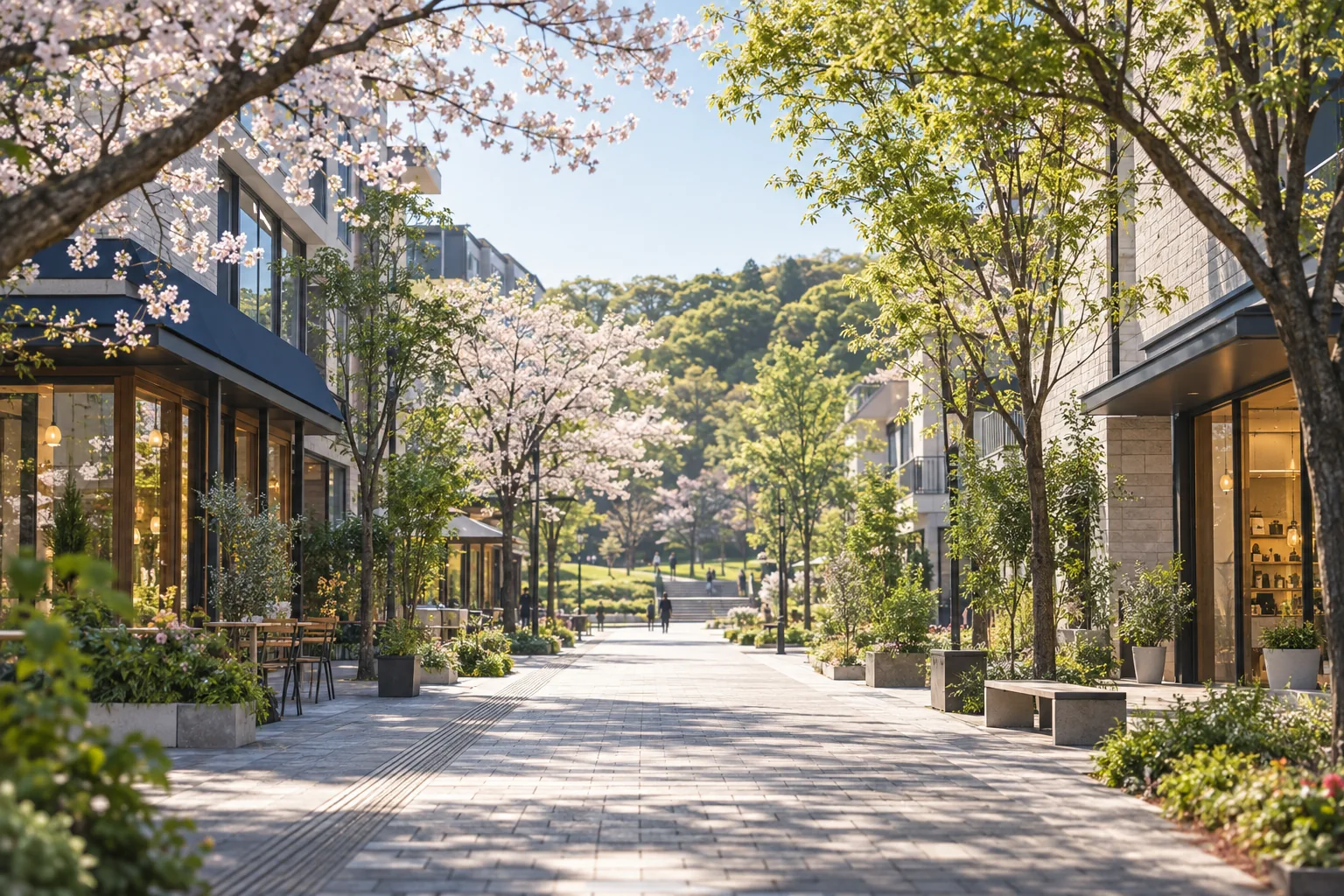 名古屋市名東区の藤が丘周辺と緑豊かな暮らしに着想を得た架空の並木道の生成画像