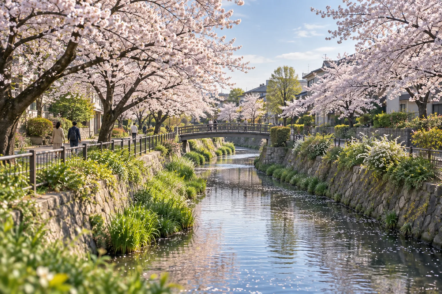 名古屋市瑞穂区の山崎川の桜並木に着想を得た架空の川沿いの生成画像