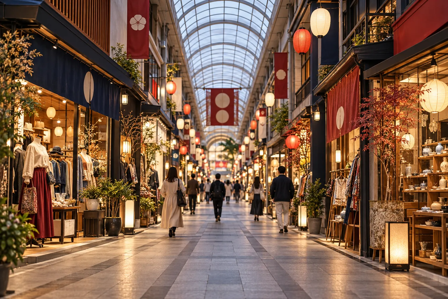 名古屋市中区の大須の商いに着想を得た架空のアーケード街の生成画像