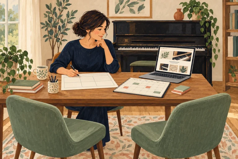 名古屋でピアノ教室を開業する先生への準備を表す生成イラスト