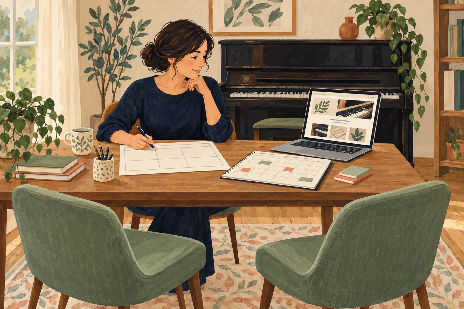 名古屋でピアノ教室を開業する先生への準備を表す生成イラスト