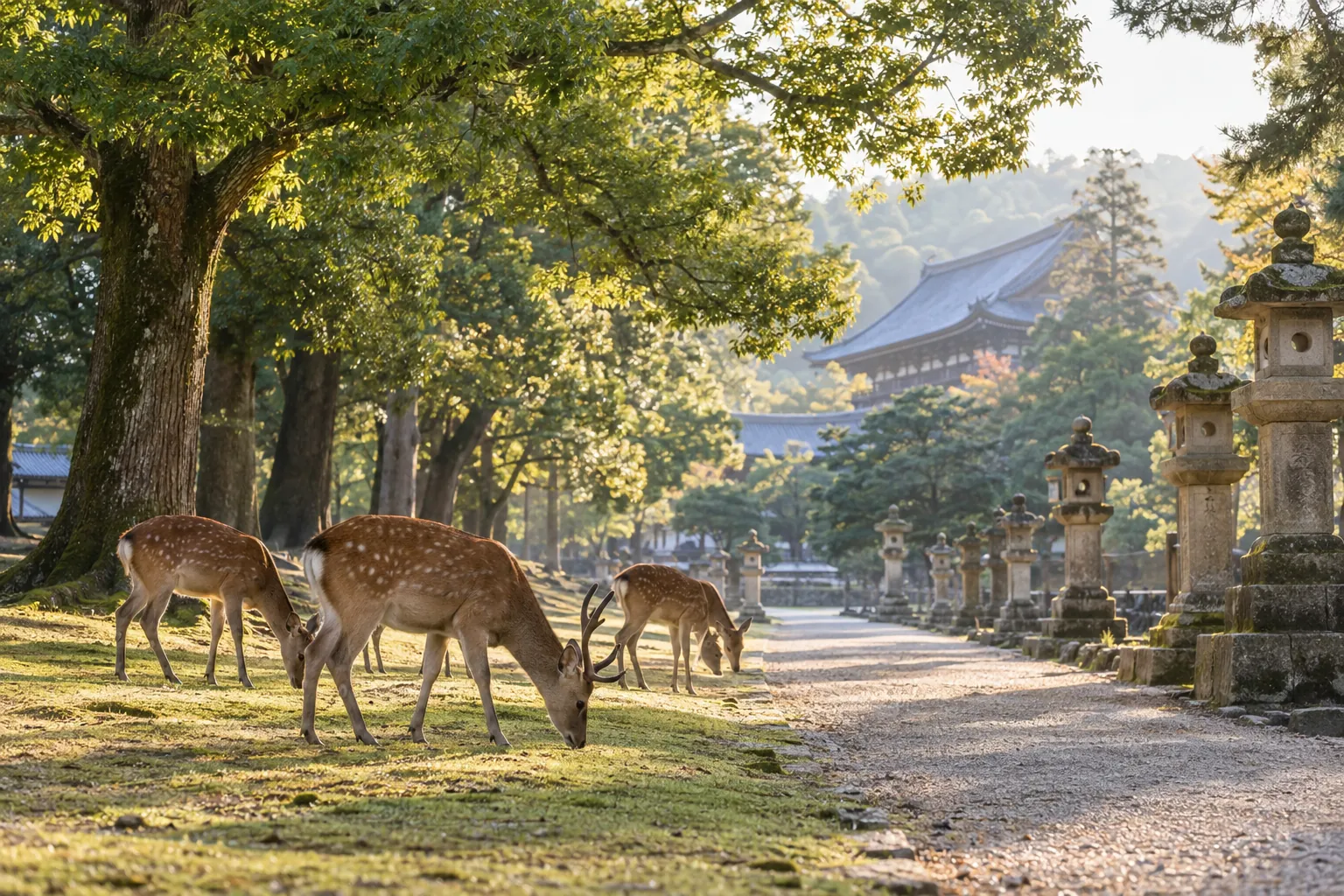 奈良市の鹿と寺社のある風景をイメージした生成画像