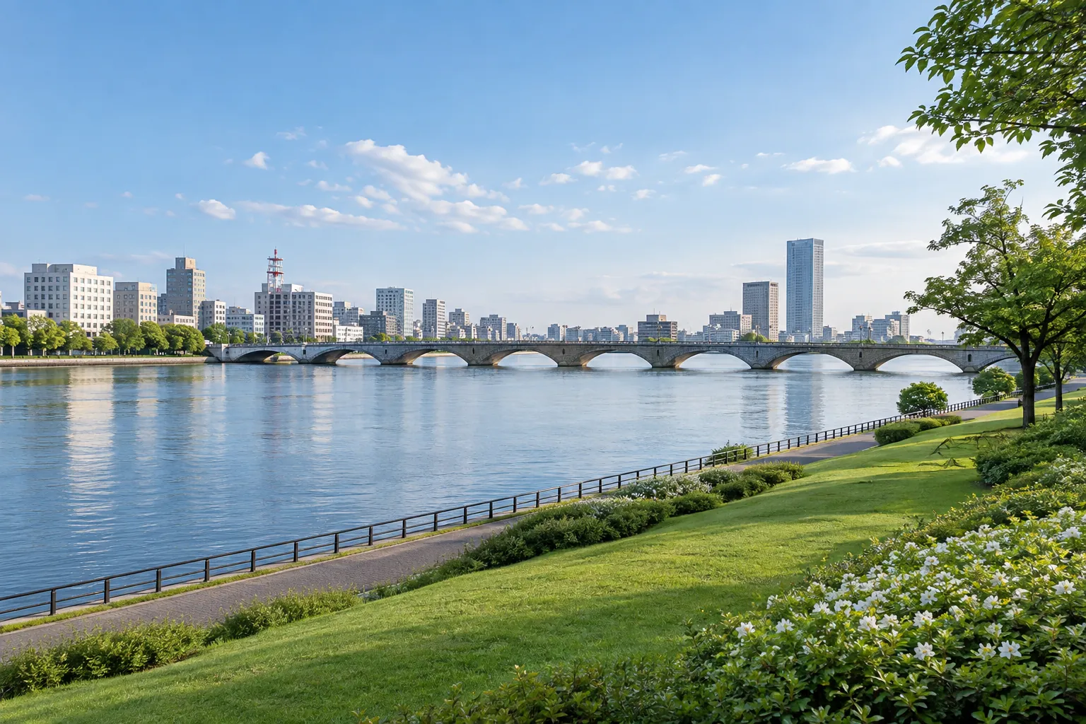 新潟市の信濃川河畔と橋を思わせる生成画像