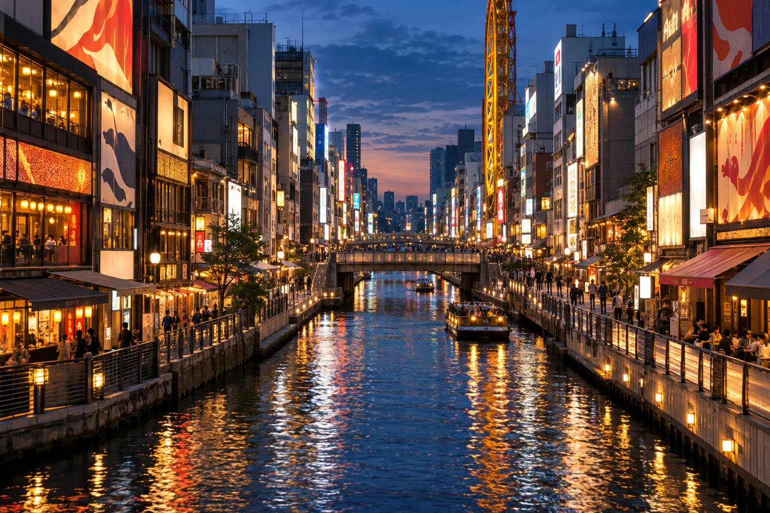 大阪市の道頓堀を思わせる水辺と街並みの生成画像