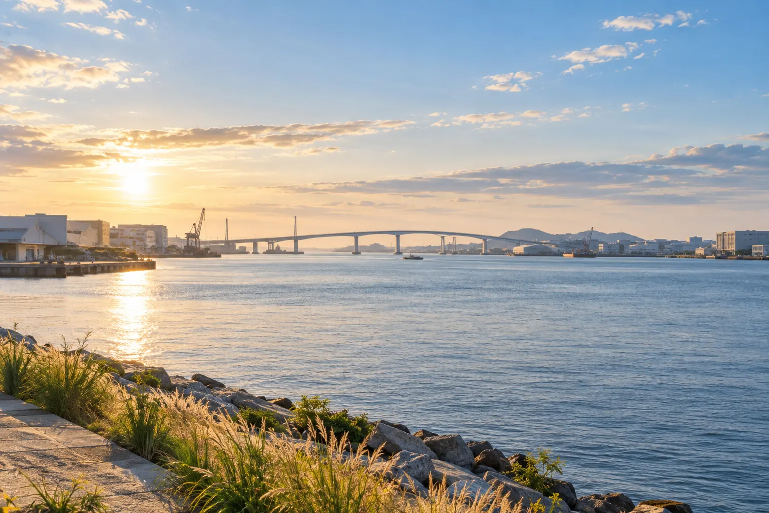 大阪市此花区・舞洲へ続く湾岸の風景をイメージした生成画像