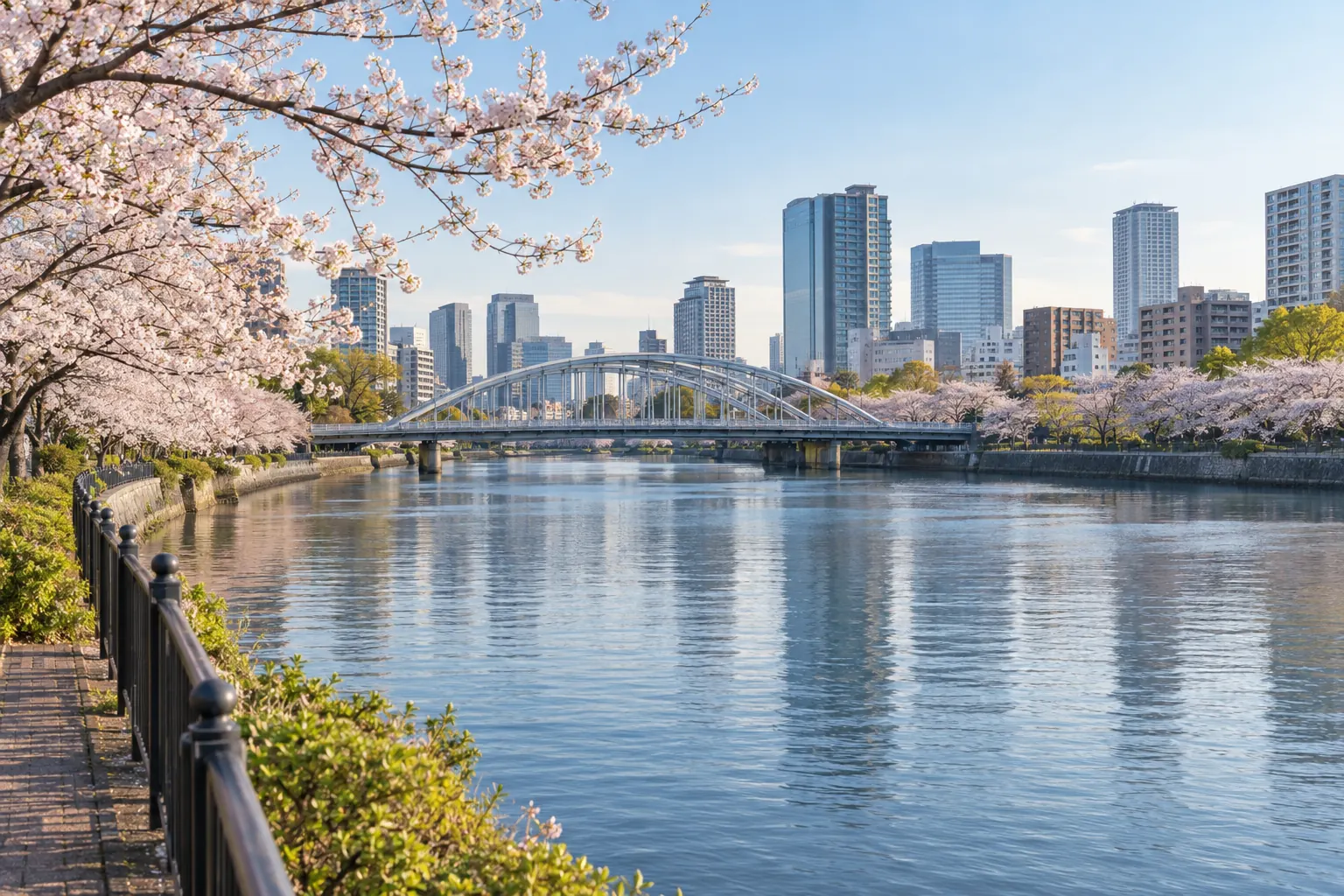 大阪市都島区・大川沿いの桜と桜宮橋をイメージした生成画像