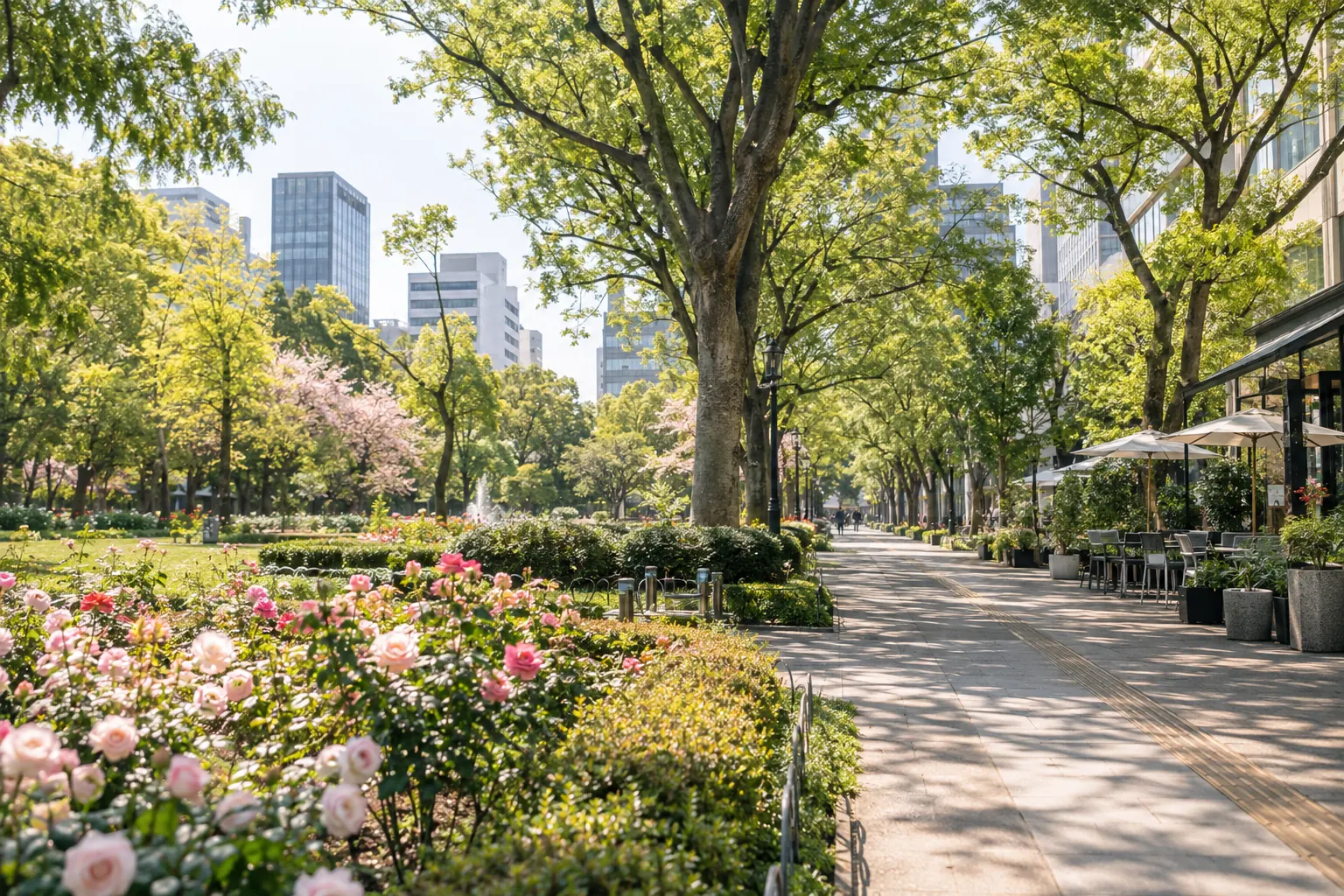 大阪市西区・靱公園の緑と市街地をイメージした生成画像