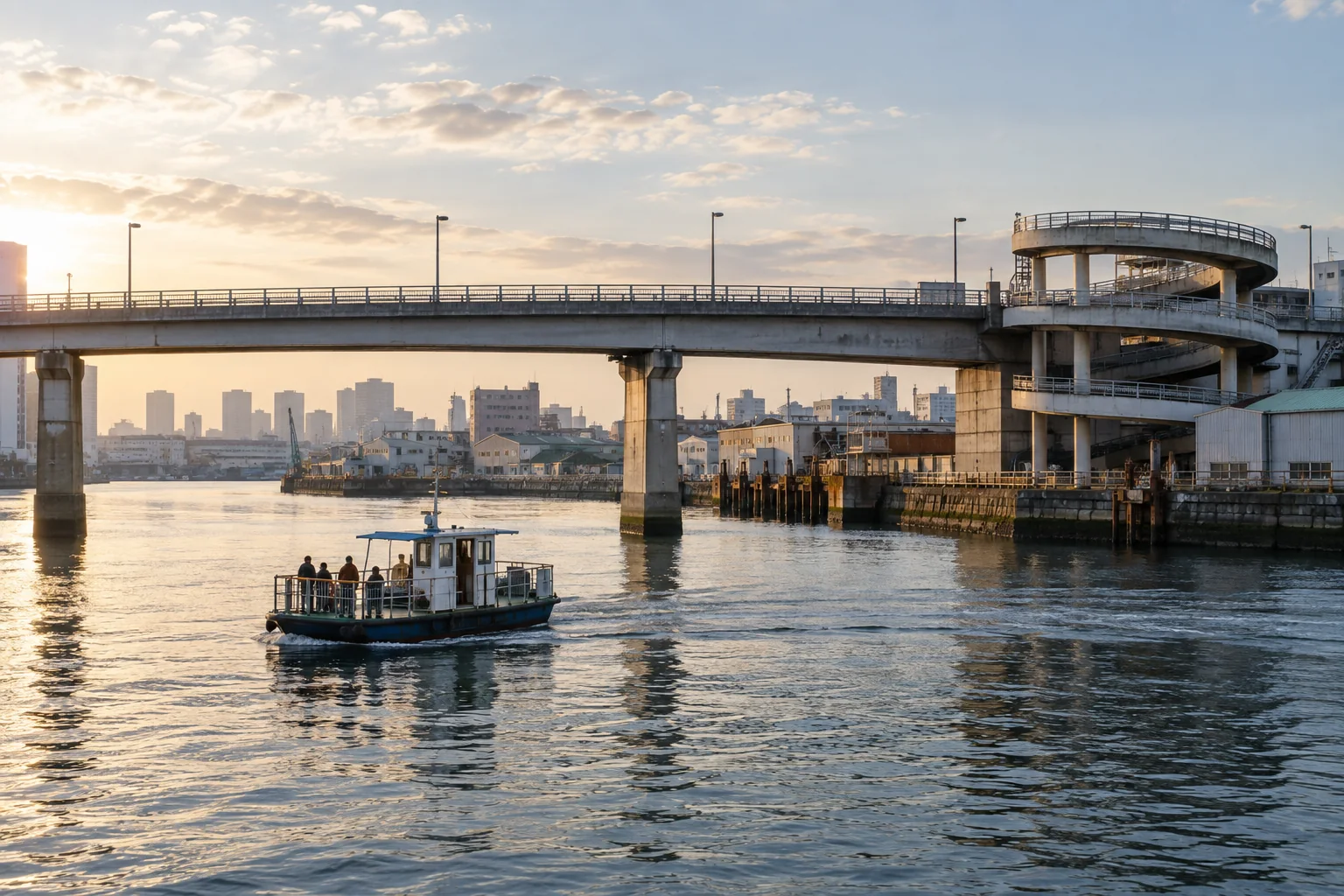 大阪市西成区の千本松大橋と渡船に着想を得た生成画像