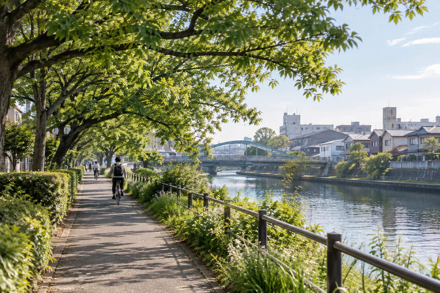 大阪市西淀川区の緑道と区内の水辺を組み合わせてイメージした生成画像