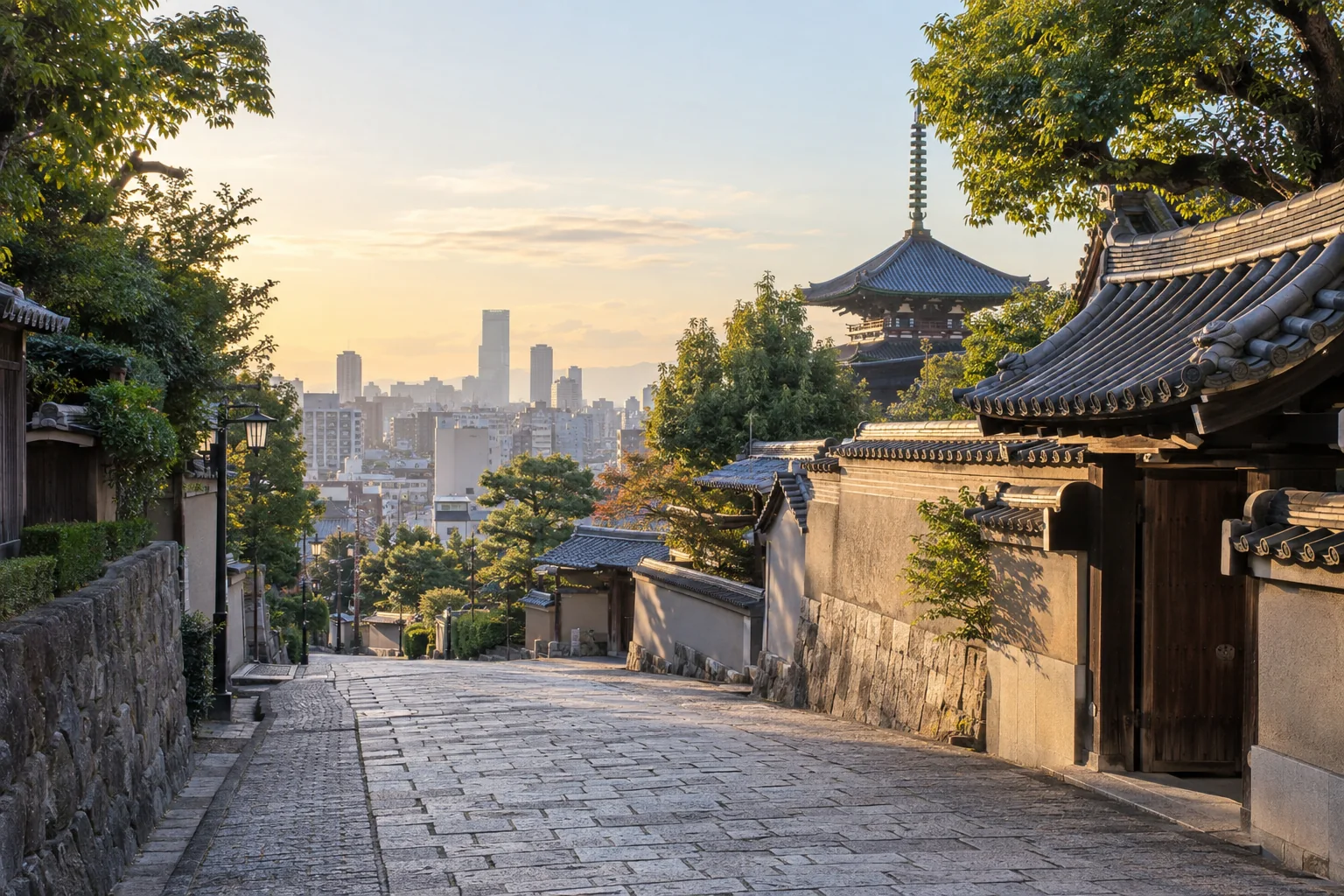 大阪市天王寺区の歴史ある坂道と寺社の街並みをイメージした生成画像
