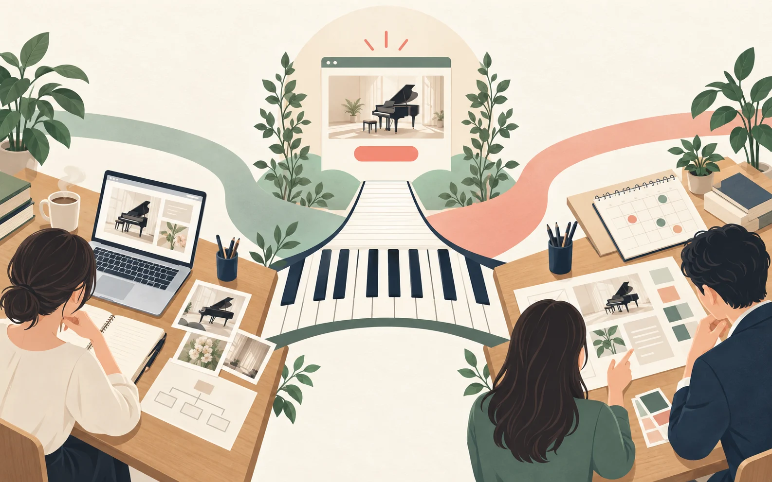 ピアノ教室サイトの自作と外注の二つの経路を比べる概念図