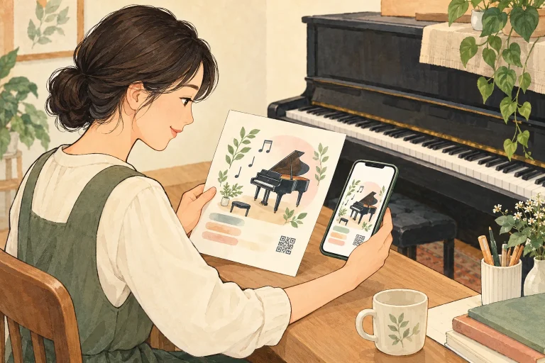 ピアノ教室のチラシとホームページの準備を表す生成イラスト