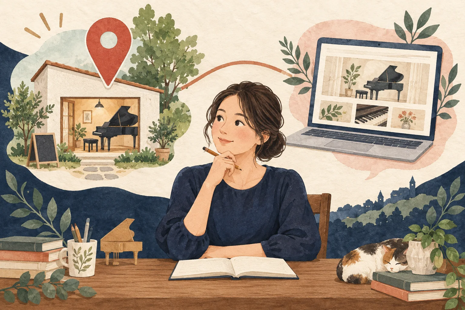 ピアノ教室の先生が教室の場所と地図の情報を照合する生成イラスト