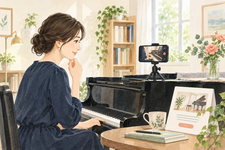 ピアノ教室の先生が演奏動画と体験案内の見せ方を検討する生成イラスト