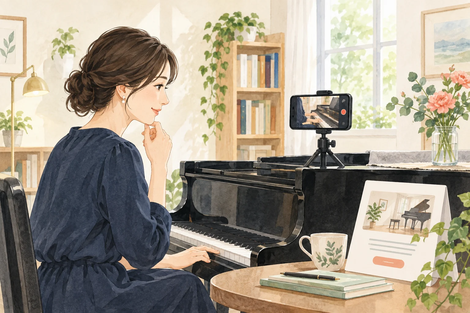 ピアノ教室の先生が演奏動画と体験案内の見せ方を検討する生成イラスト