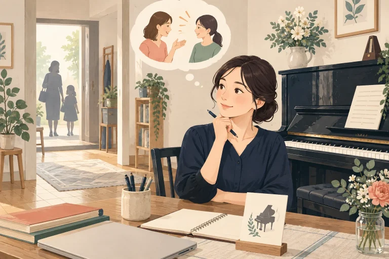 ピアノ教室の先生が紹介を受けた保護者への案内と口コミの扱いを考える生成イラスト