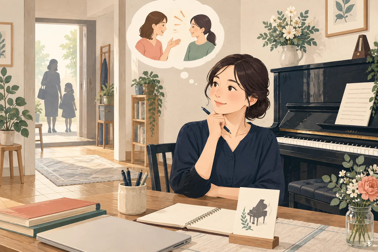ピアノ教室の先生が紹介を受けた保護者への案内と口コミの扱いを考える生成イラスト
