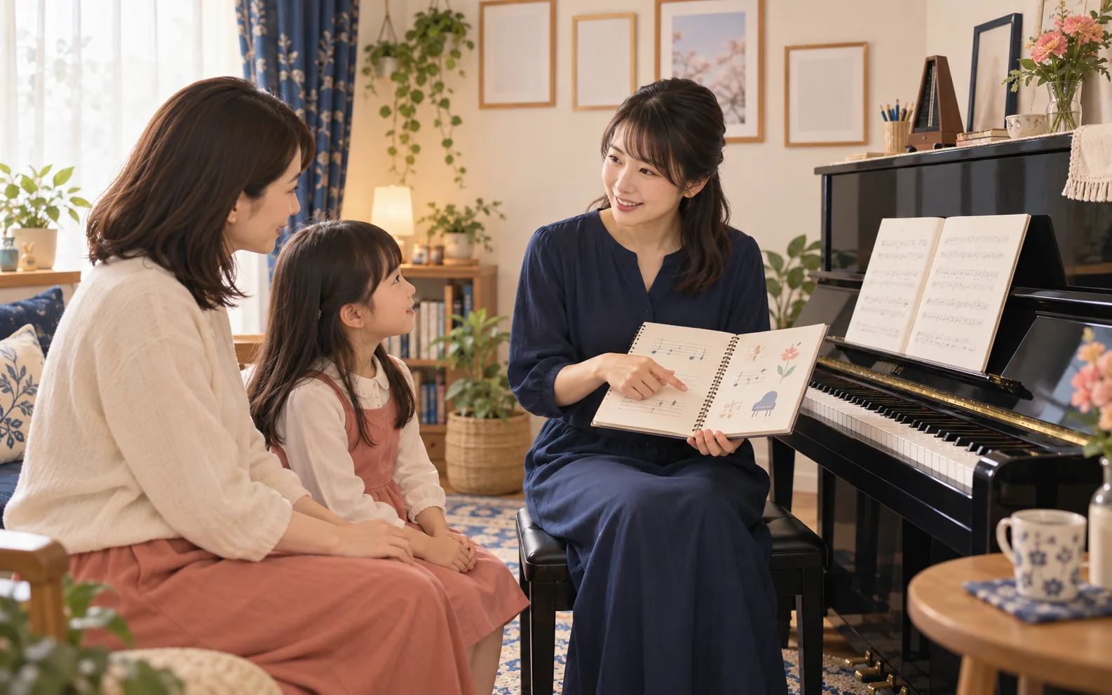 ピアノ教室の先生が保護者と子どもにレッスンの進め方を説明する生成イメージ
