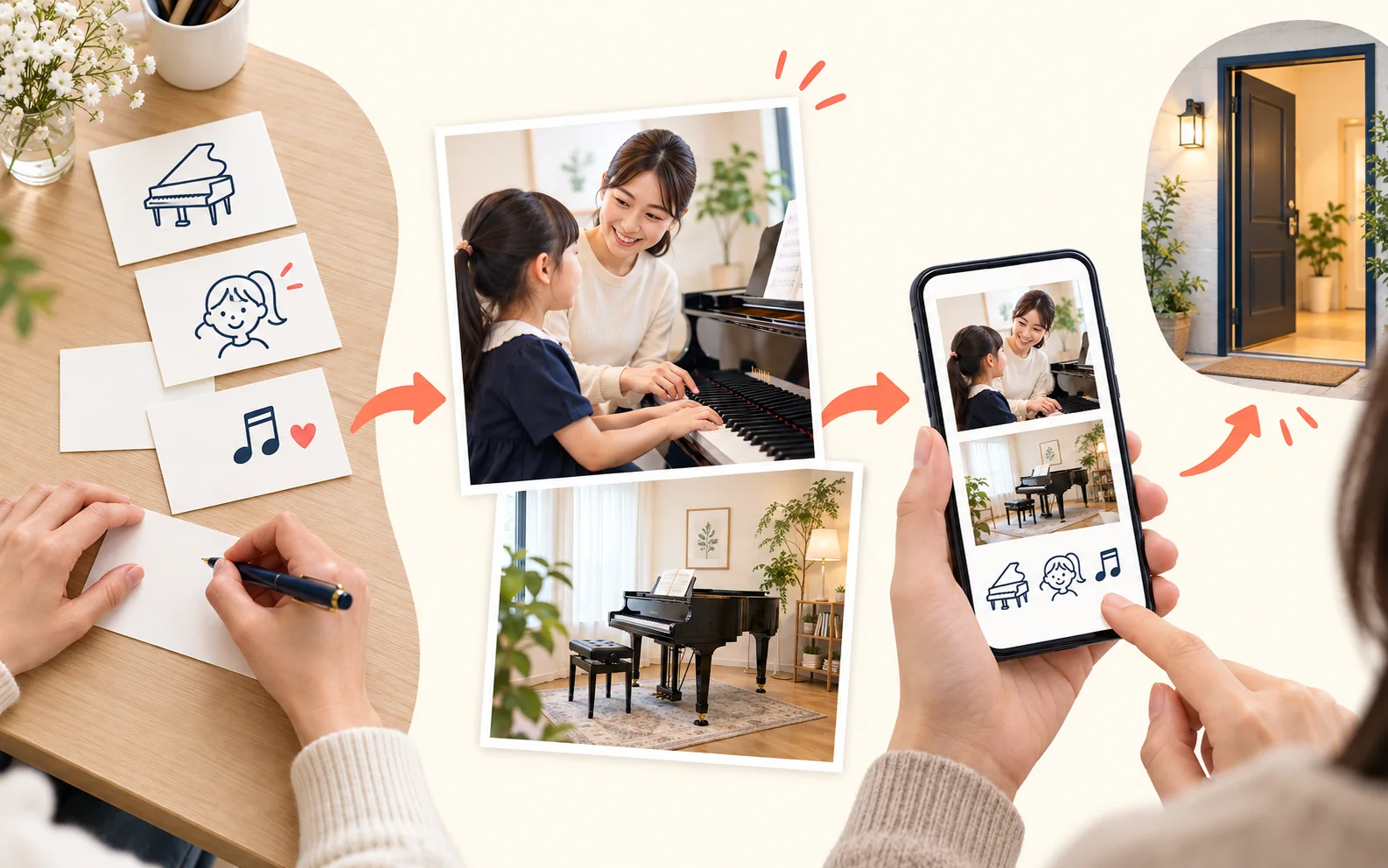 先生の事実を整理し、写真と説明を合わせて講師紹介から体験案内へ進む図