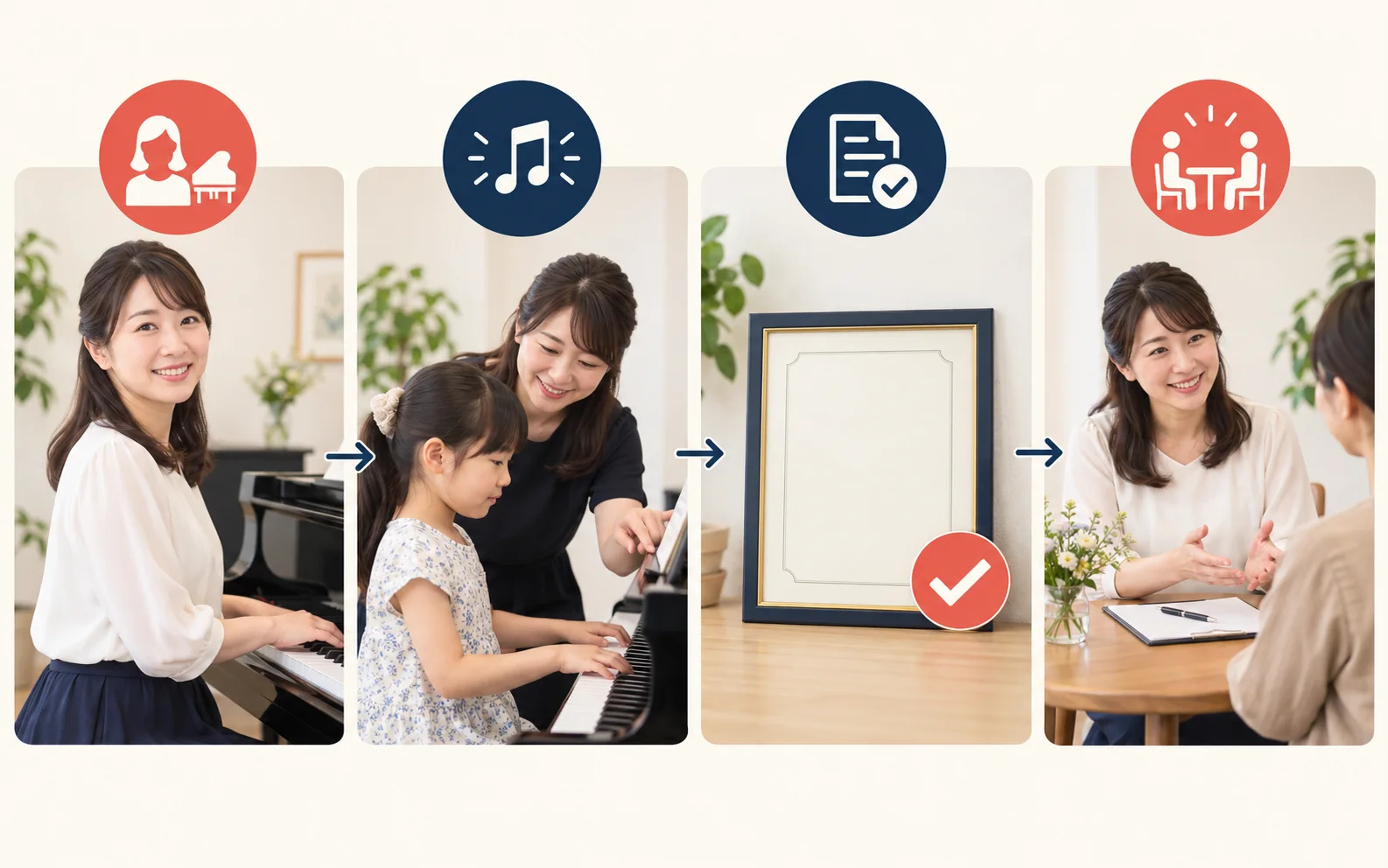 先生の本人情報、教え方、確認済みの経歴、初回面談を四つに分ける図