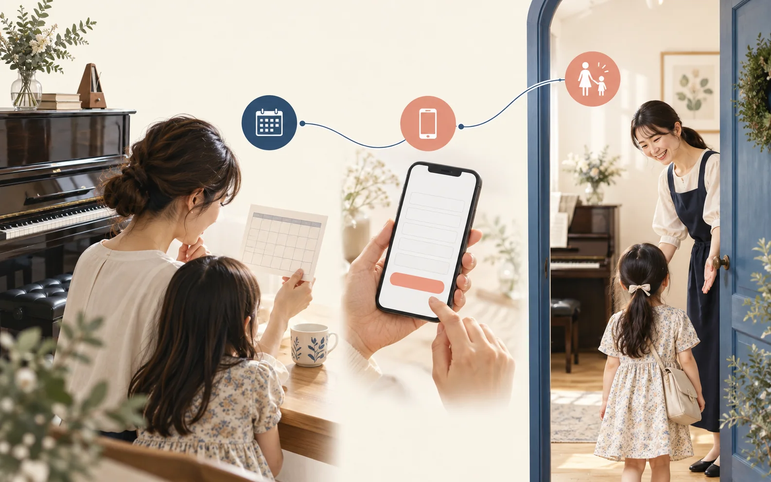 体験案内からスマートフォンの申込み、先生による受入れまでを示す概念図