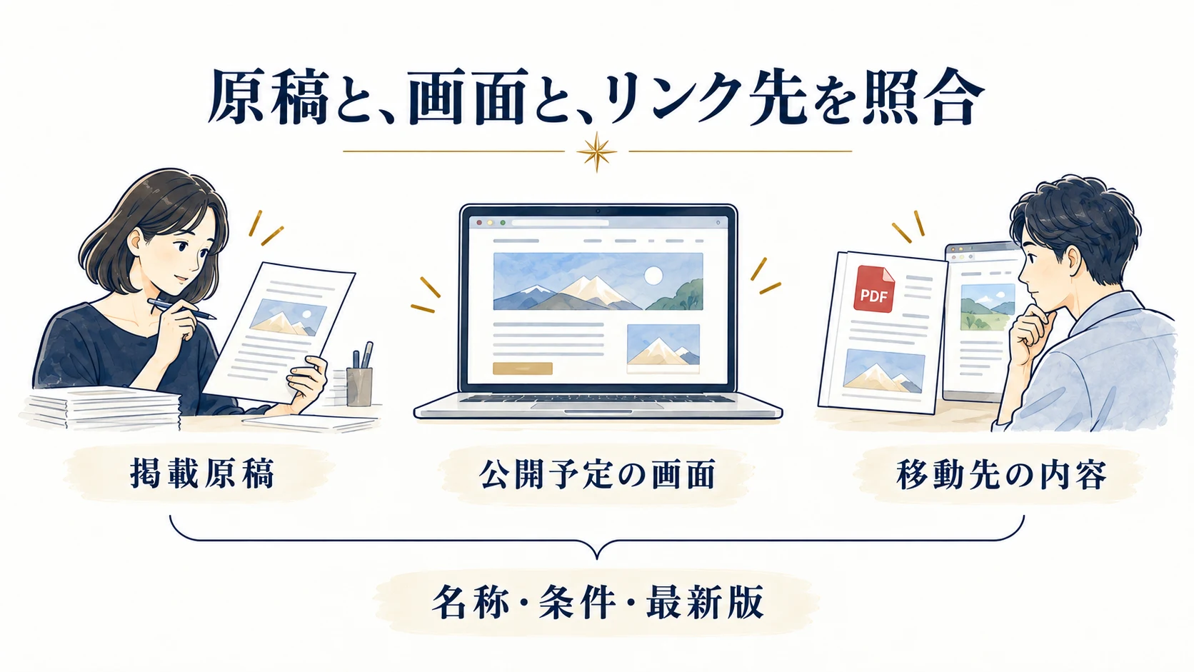 掲載原稿、公開予定の画面、リンクから移動した内容を、名称・条件・最新版で照合する図。