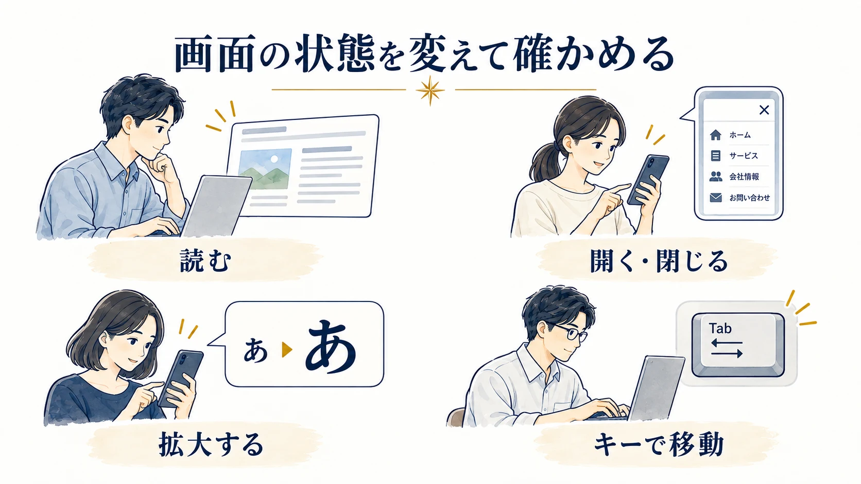 PCとスマートフォンで、読む、開く・閉じる、拡大する、キーで移動する操作を試す図。