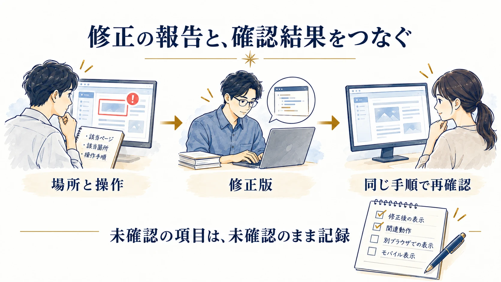 不具合の場所と操作を記録し、修正版を同じ手順で再確認する流れ。未確認の項目は記録に残す。