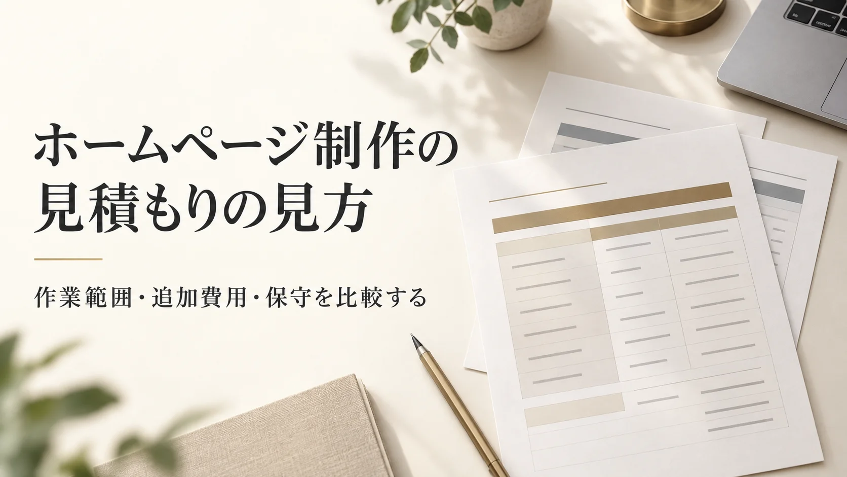 ホームページ制作の見積もりの見方。作業範囲・追加費用・保守を比較する、書類を並べたイメージ。