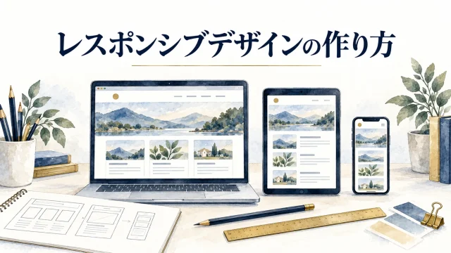 同じWebサイトの内容がパソコン・タブレット・スマホで配置を変えるレスポンシブデザインの図。