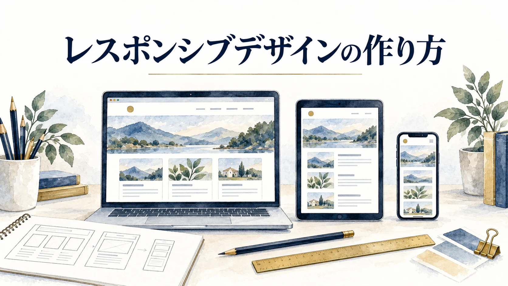 同じWebサイトの内容がパソコン・タブレット・スマホで配置を変えるレスポンシブデザインの図。