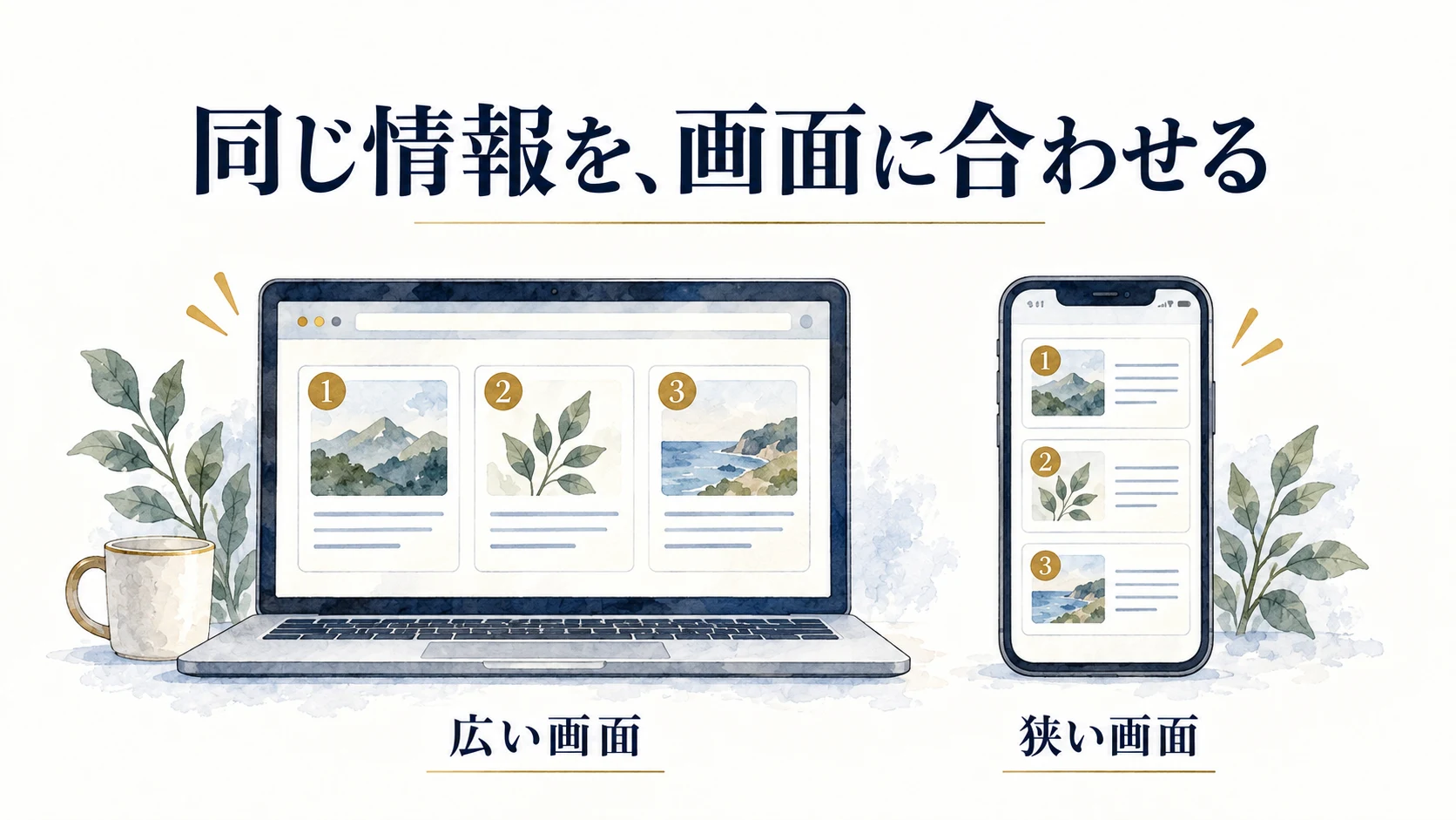 横に並ぶ三つの内容を、狭い画面では同じ順番で縦に配置する比較図。