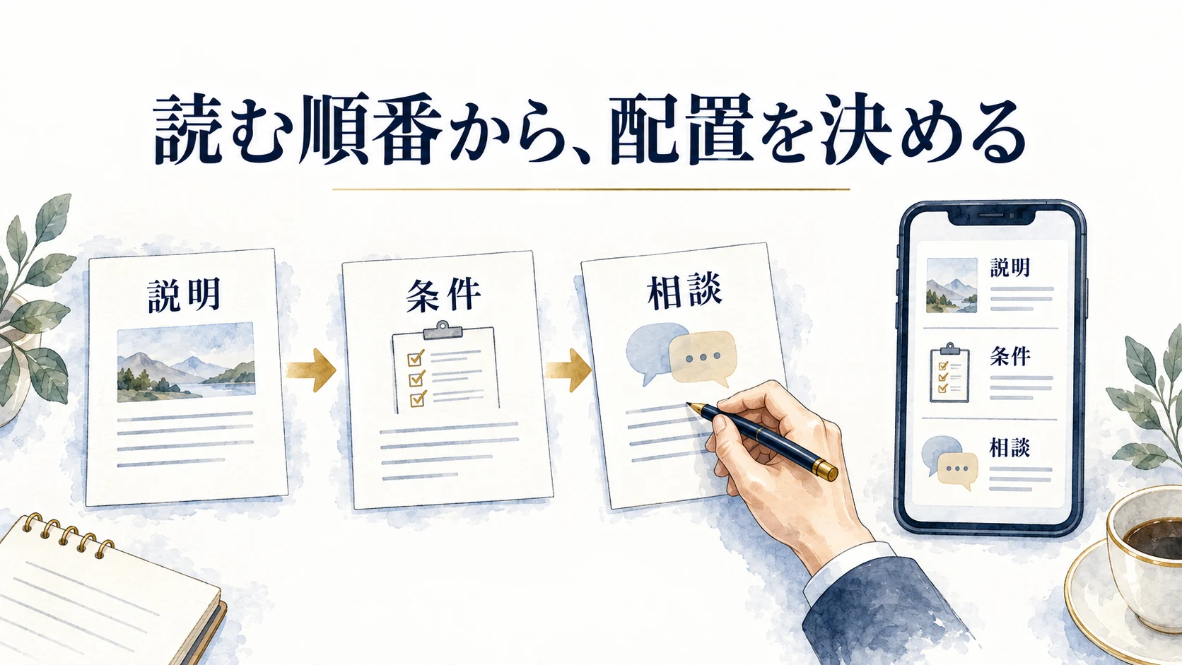 説明・条件・相談の順に原稿を整理し、スマホの配置へ反映する図。
