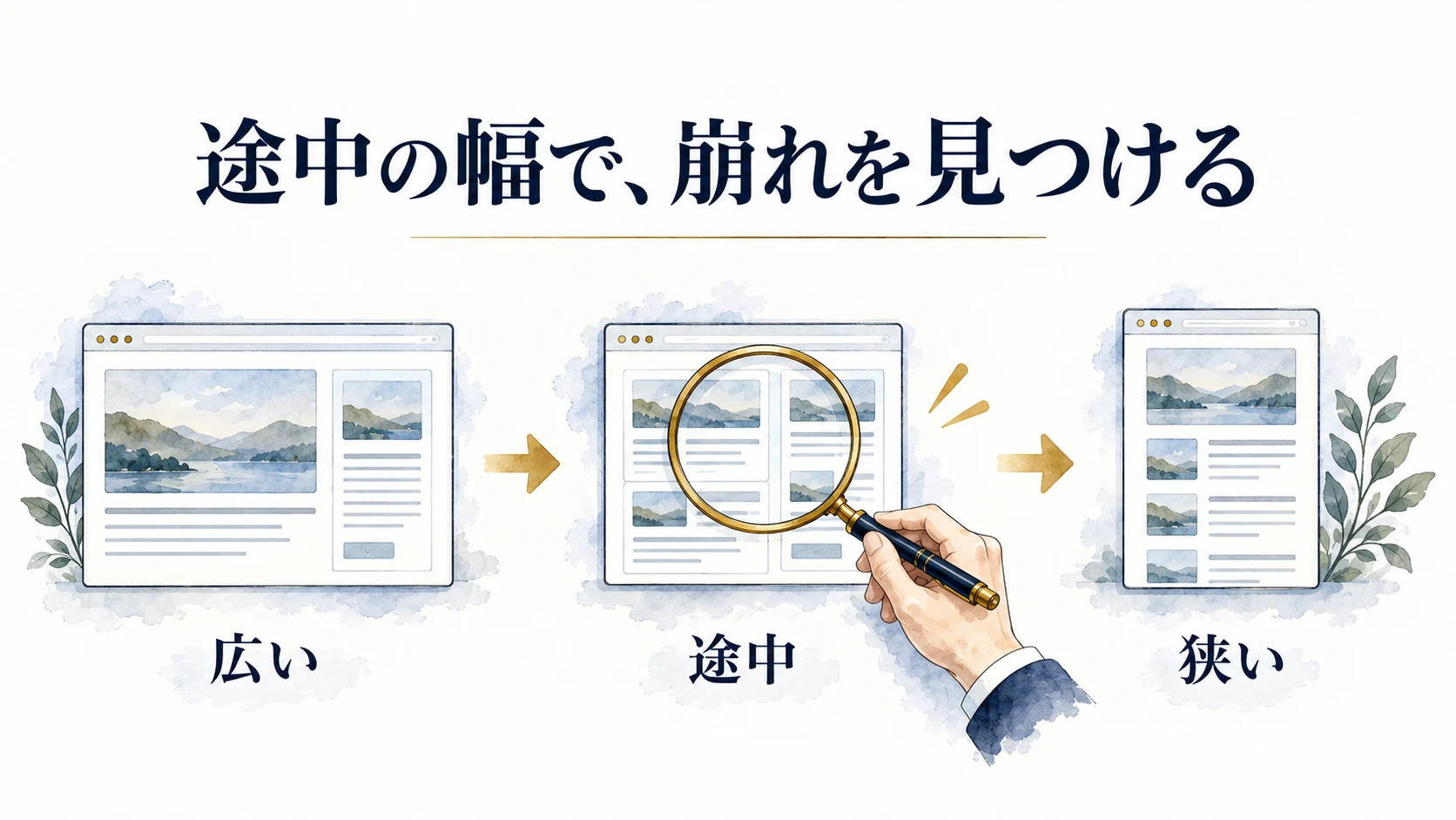 広い画面、二列が窮屈になる途中の幅、一列に切り替えた狭い画面の比較図。