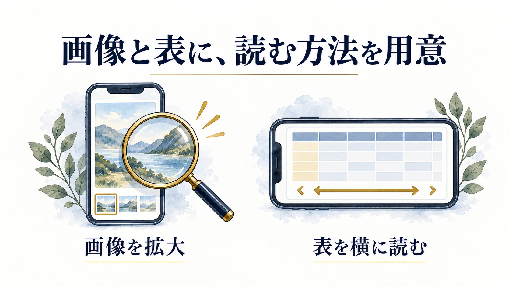画像は拡大し、比較表は領域内を横に動かして読む方法を示す図。