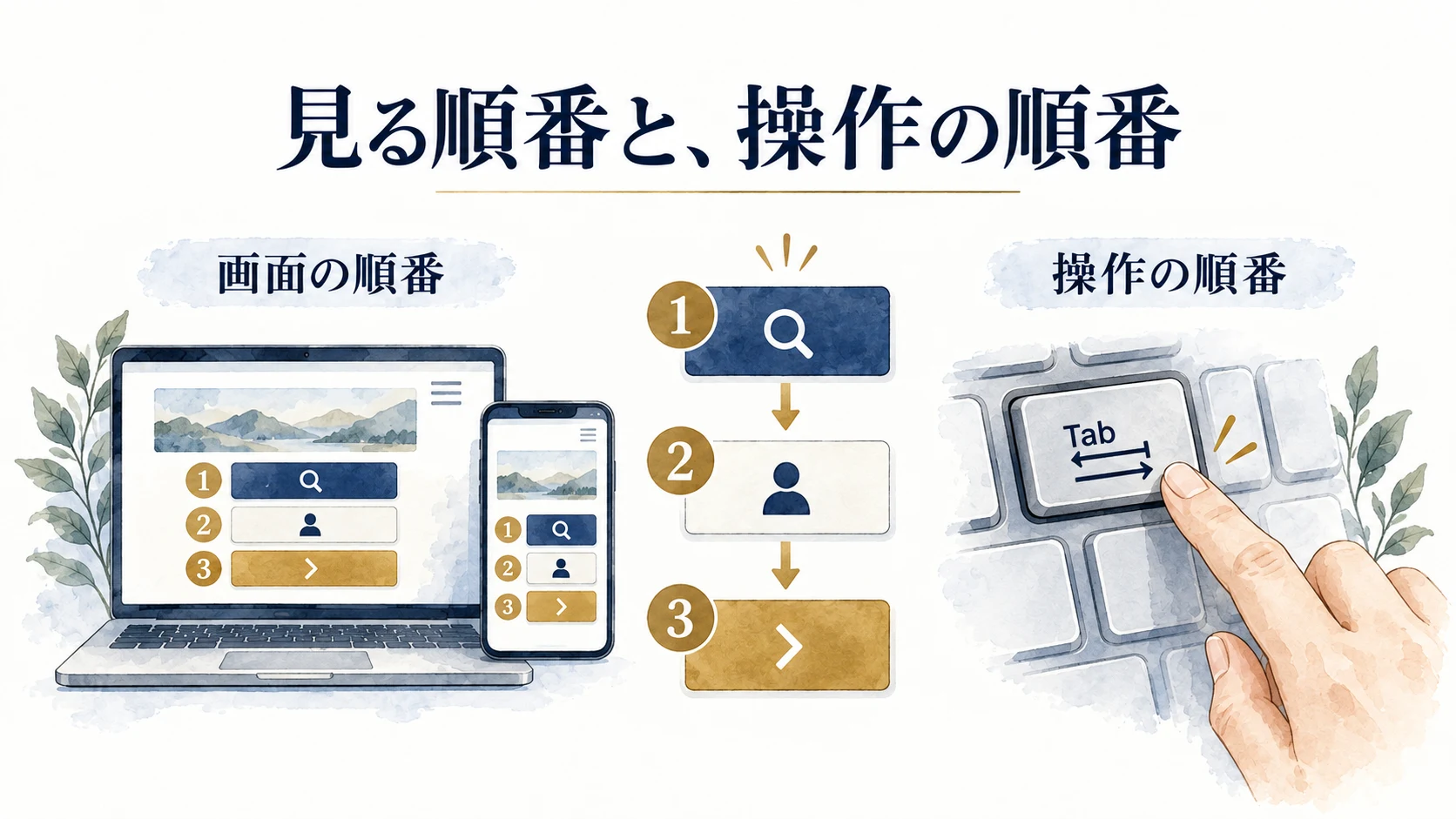 画面の三つの操作項目と、キーボードで移る順番の関係を照合する図。