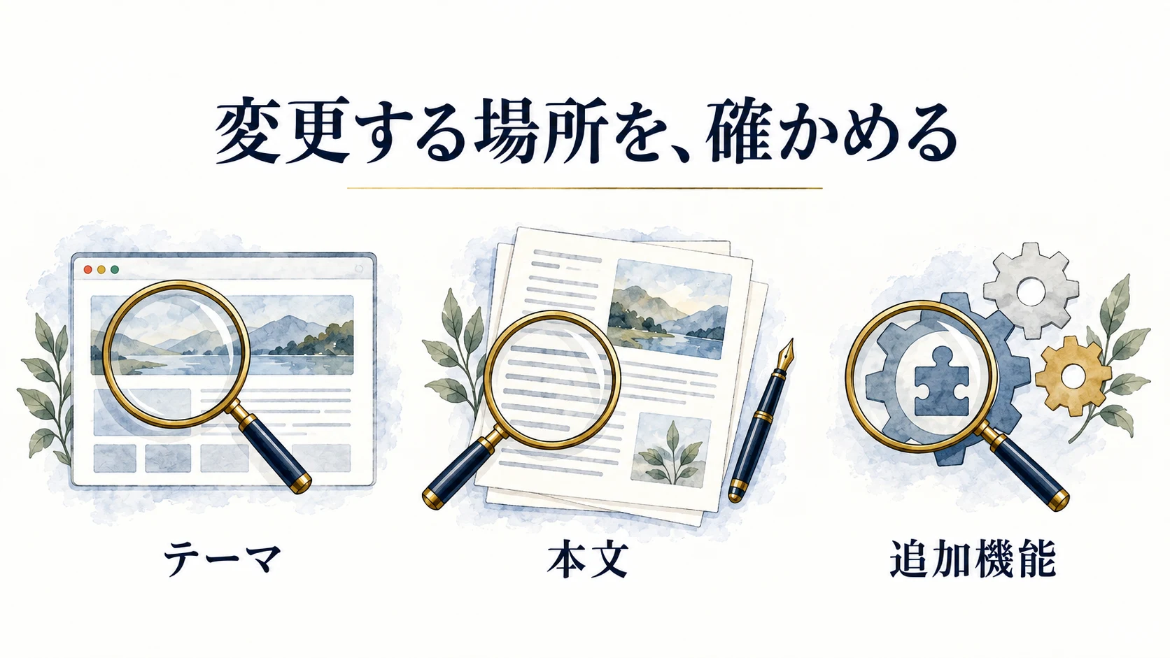 WordPressのテーマ、本文、追加機能を分けて修正箇所を調べる図。