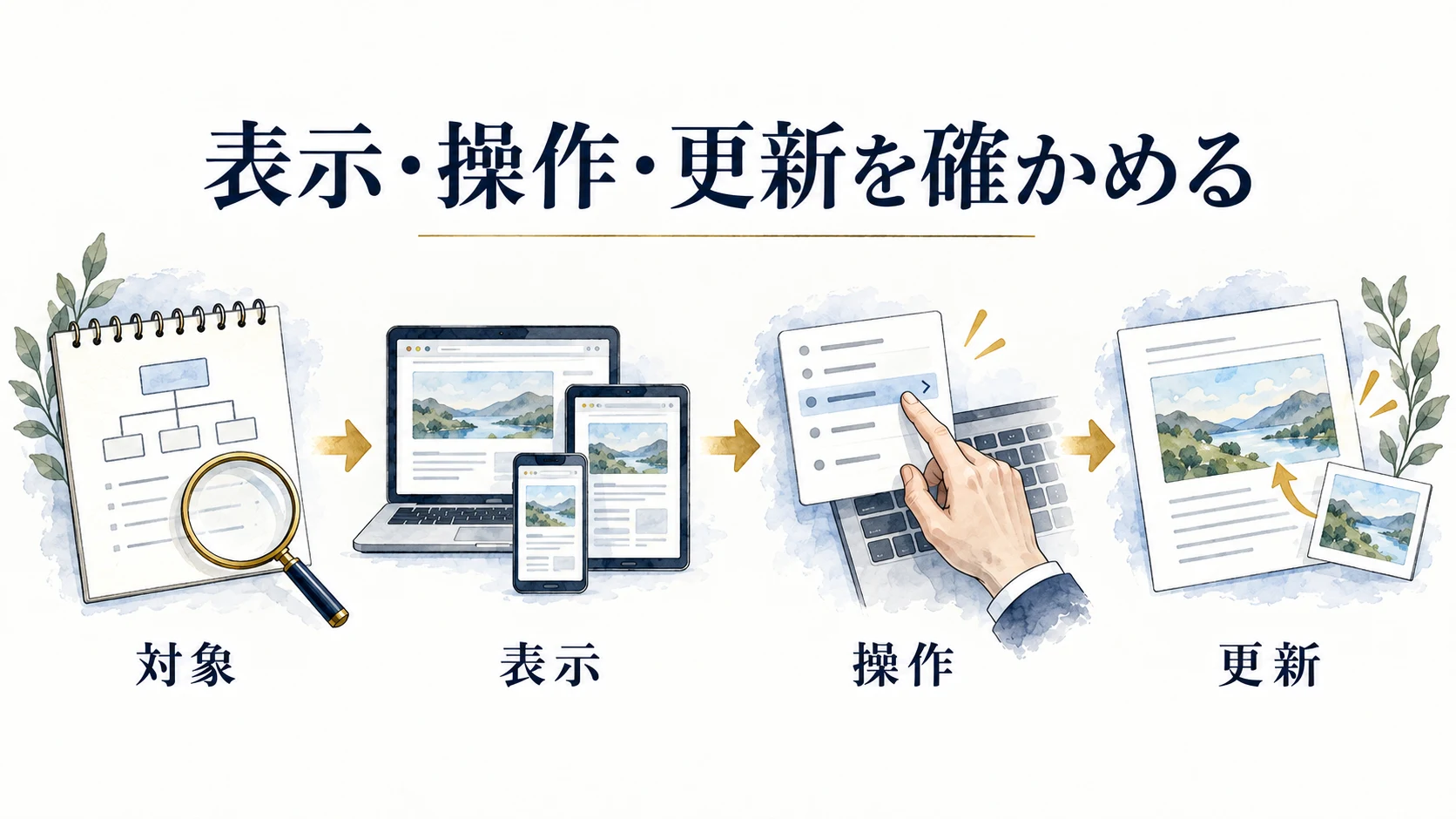対象の整理、端末別の表示、操作、原稿更新後の検証へ進む手順図。