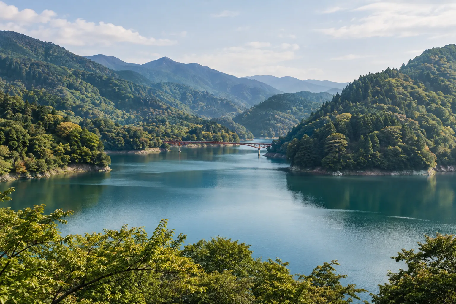 相模原市の津久井湖と山並みをイメージした生成画像