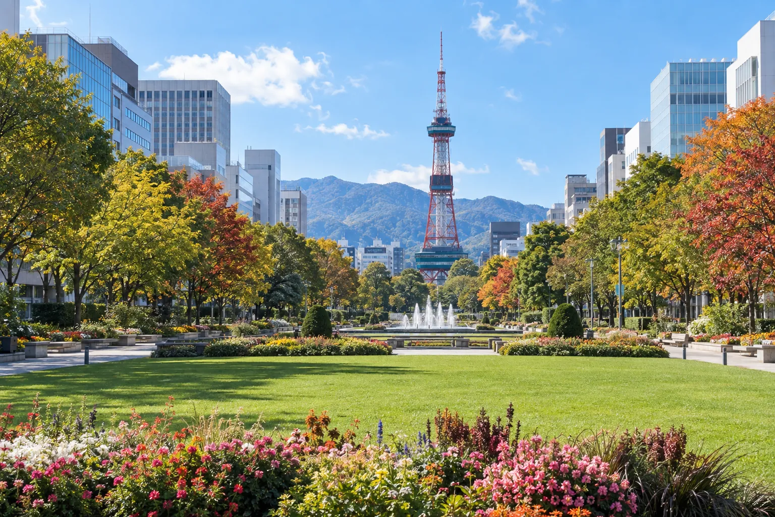 札幌市の大通公園とテレビ塔を思わせる生成画像