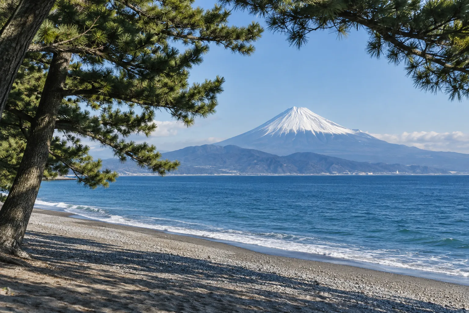 静岡市の三保松原と駿河湾越しの富士山を思わせる生成画像