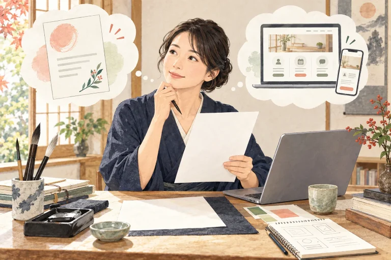 書道教室の先生がチラシと公式サイトの案内を照らし合わせる生成イラスト