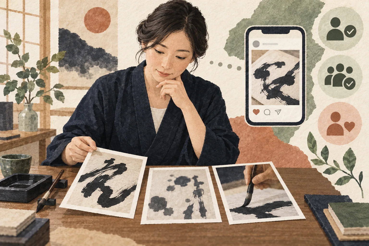 書道教室の先生が筆と作品写真を確認して投稿を考える生成イラスト