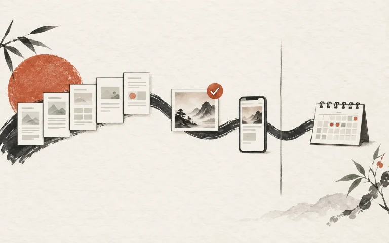 書道教室サイトの制作と公開後の管理を筆跡でつなぐ概念図