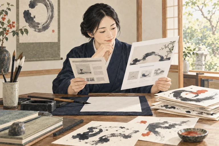 書道教室の先生が旧サイトの作品写真と新しい体験案内を見比べる生成イラスト