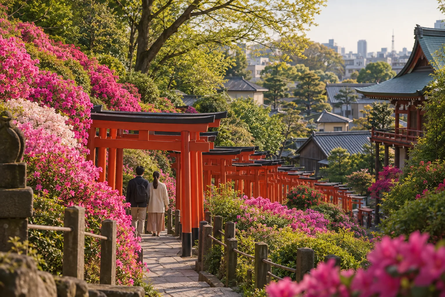 東京都文京区の根津神社とつつじをイメージした生成画像