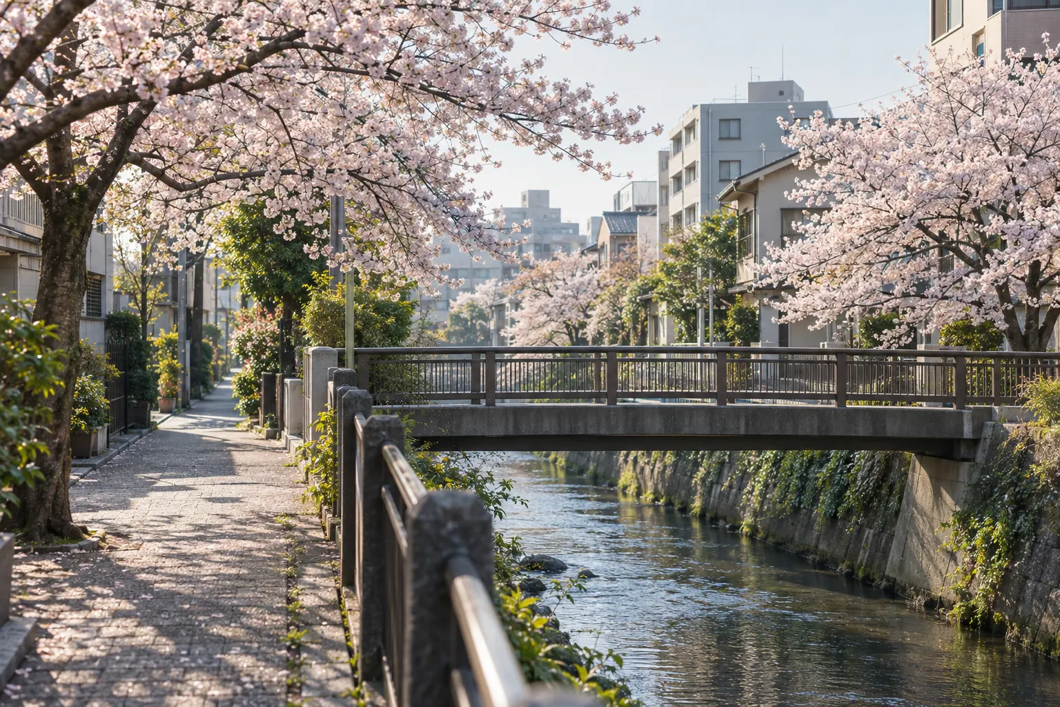 東京都板橋区・石神井川沿いの桜並木をイメージした生成画像